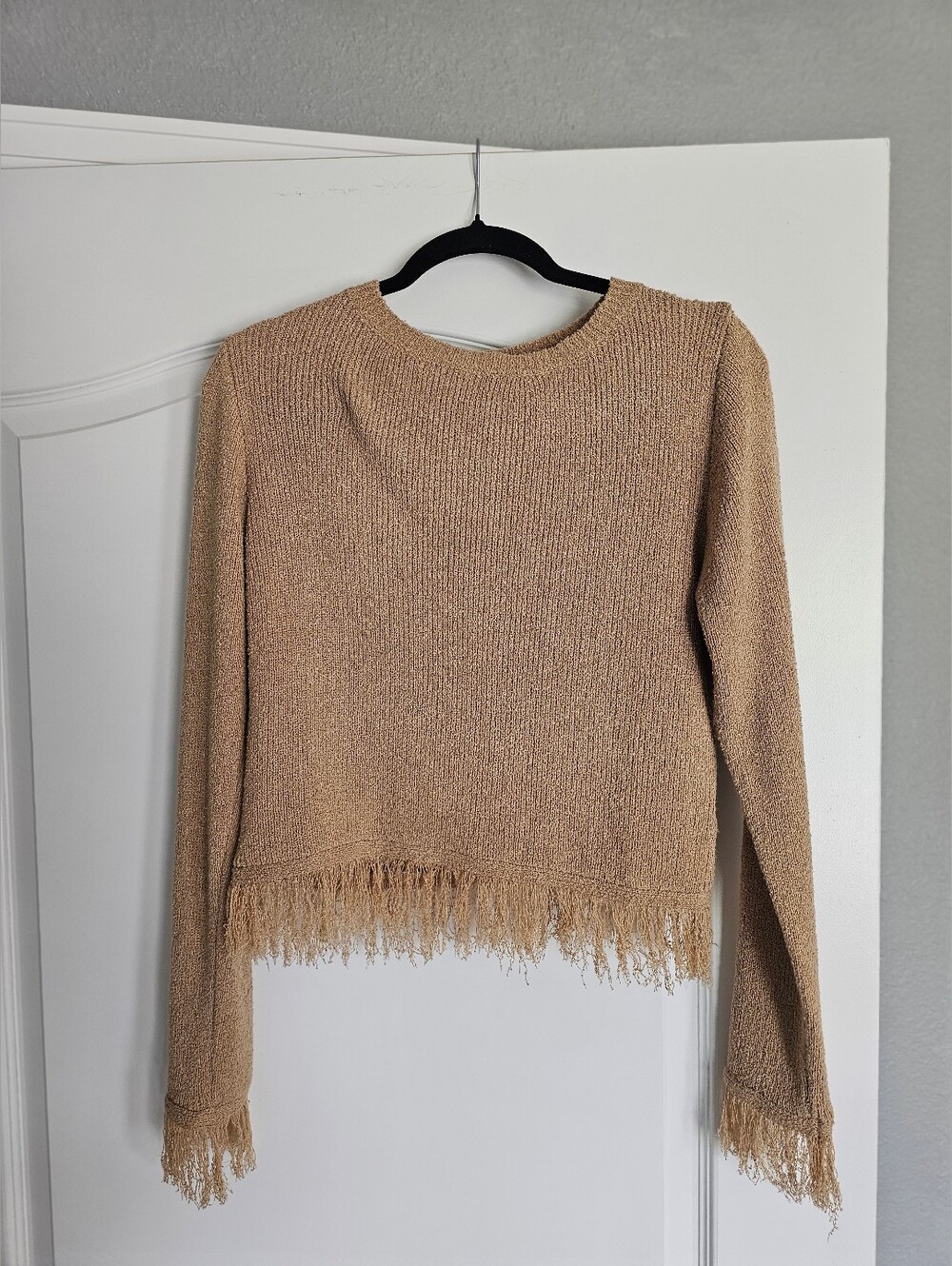 VICI Coffee Chat Fringe Pullover Sweater | Tan Beige Fringe Knit Top